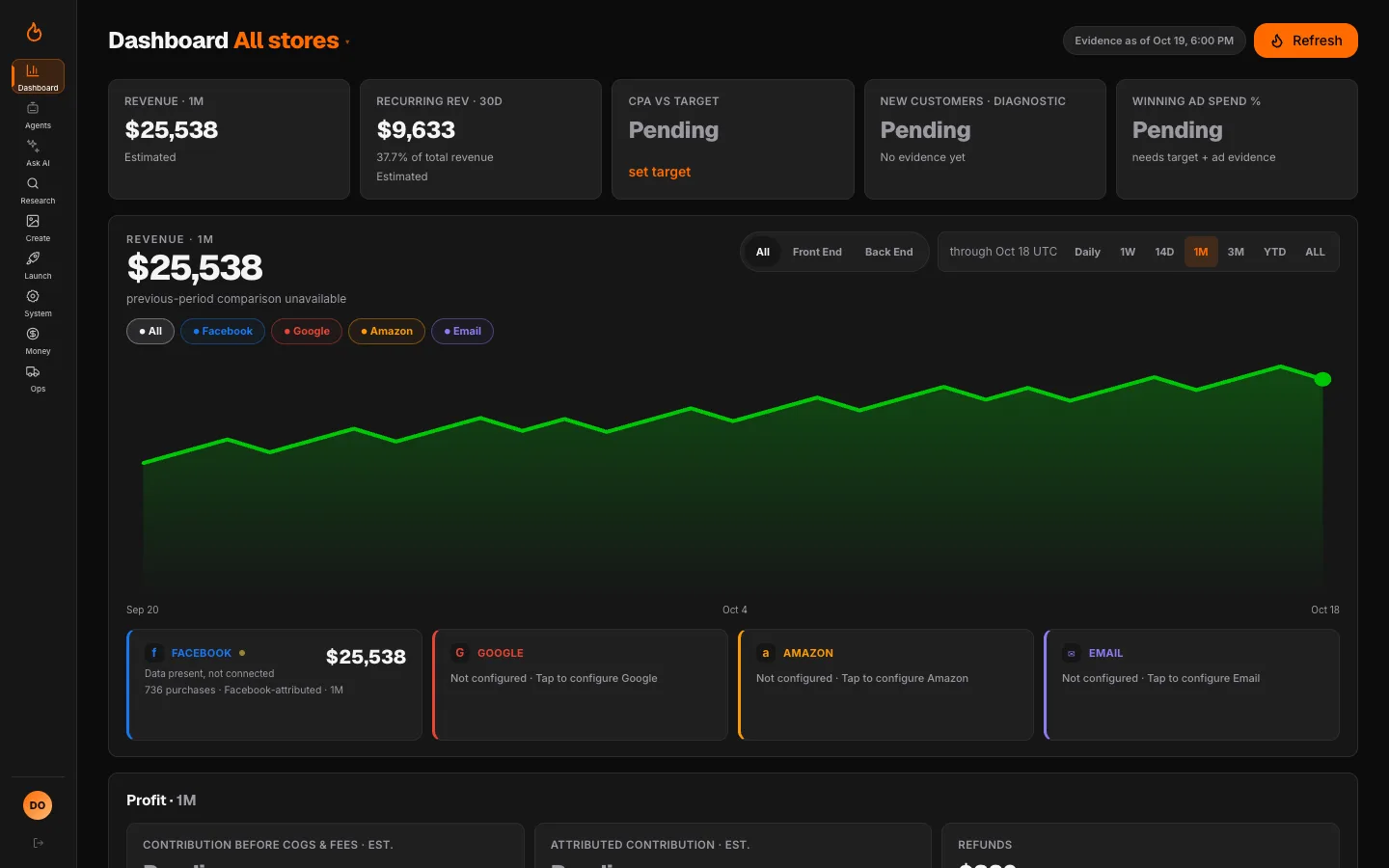 Demo dashboard with estimated revenue, Facebook data present but not connected, and pending metrics